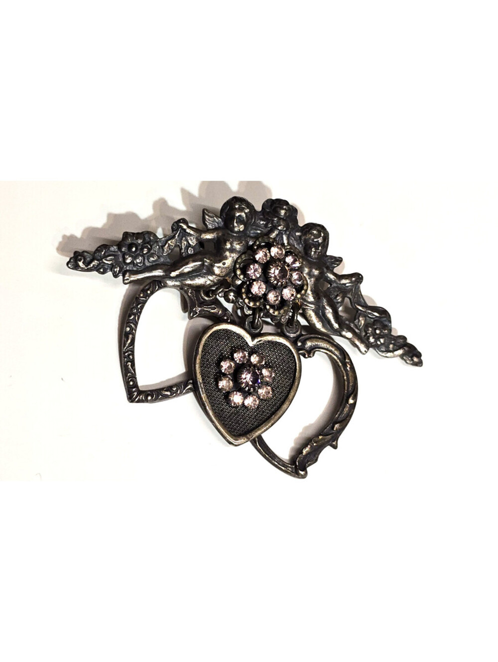 Cherubs Brooch Silver Tone Pink Rhinestones Dangling Heart Charms